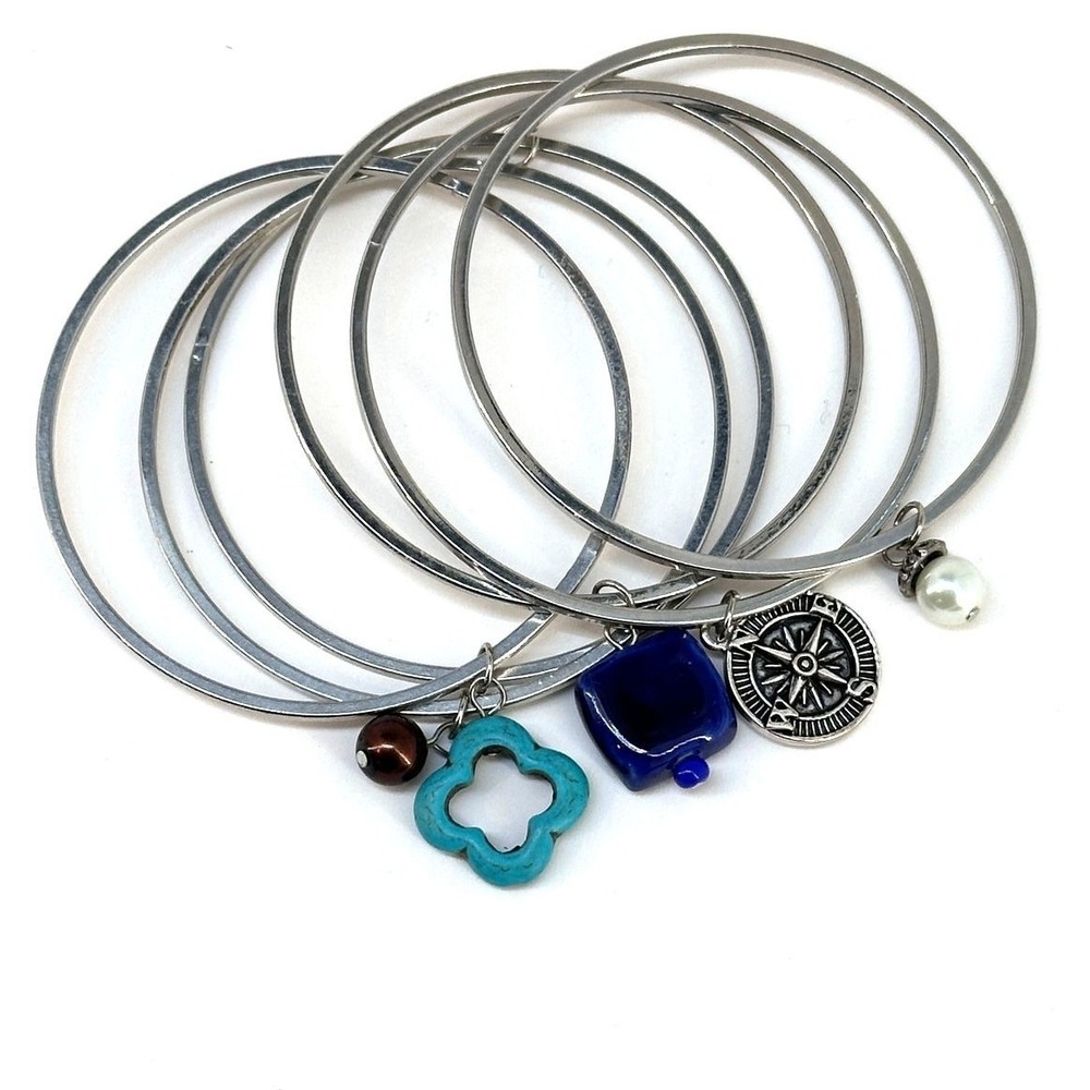 Charm Bangle Bracelet Set (5) Silver Plated‎ Nautical Boho Gift Coastal